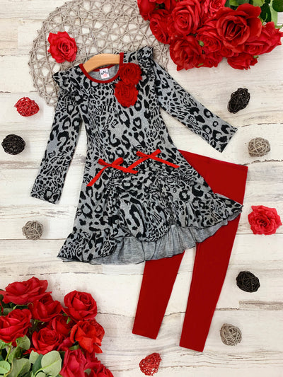 Kids Valentine's Day Outfit | Girls Leopard Ruffle Tunic & Legging Set