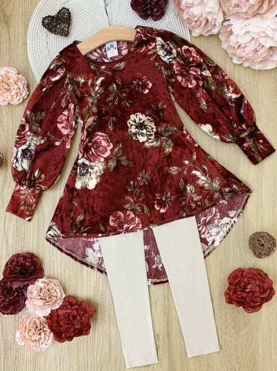 Girls Floral Chic Hi-Lo Tunic with Puff Sleeves with Leggings Set