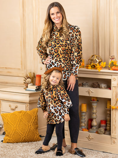 Mommy and Me matching long puff-sleeved animal print top and aged-washed black leggings - Mia Belle Girls
