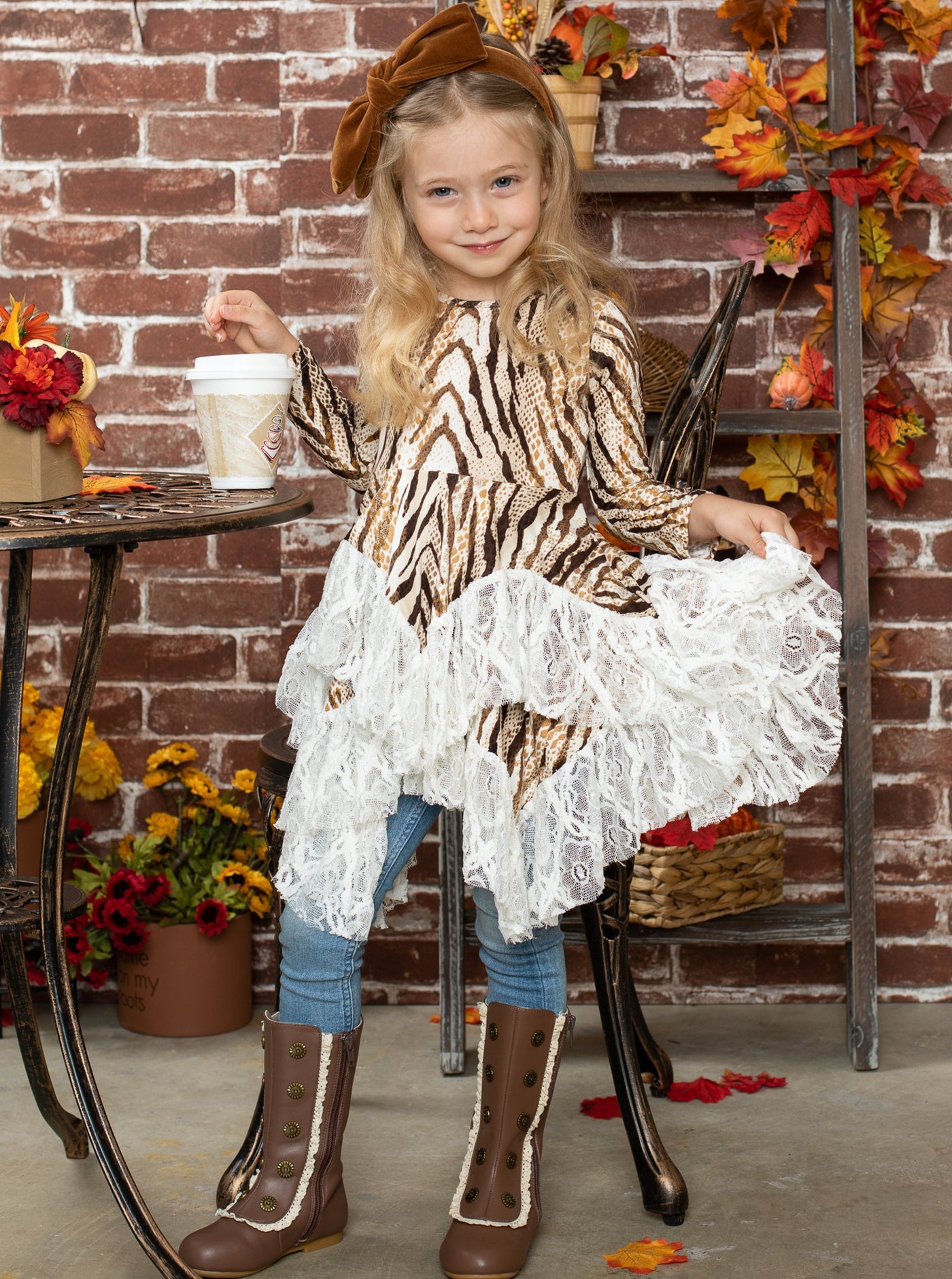 Little girls fall long-sleeve snake print tunic with handkerchief-style skirt and lace hem - Mia Belle Girls