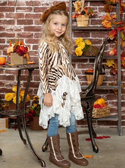 Little girls fall long-sleeve snake print tunic with handkerchief-style skirt and lace hem - Mia Belle Girls