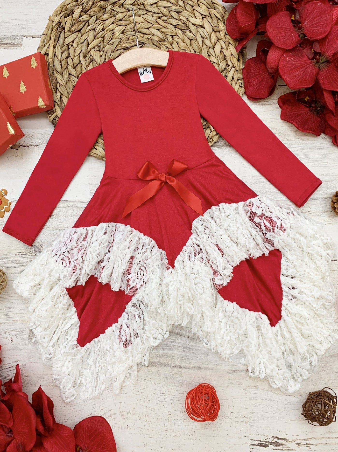 Little girls Fall long-sleeve tunic with handkerchief lace hem skirt and waistline bow applique - Mia Belle Girls