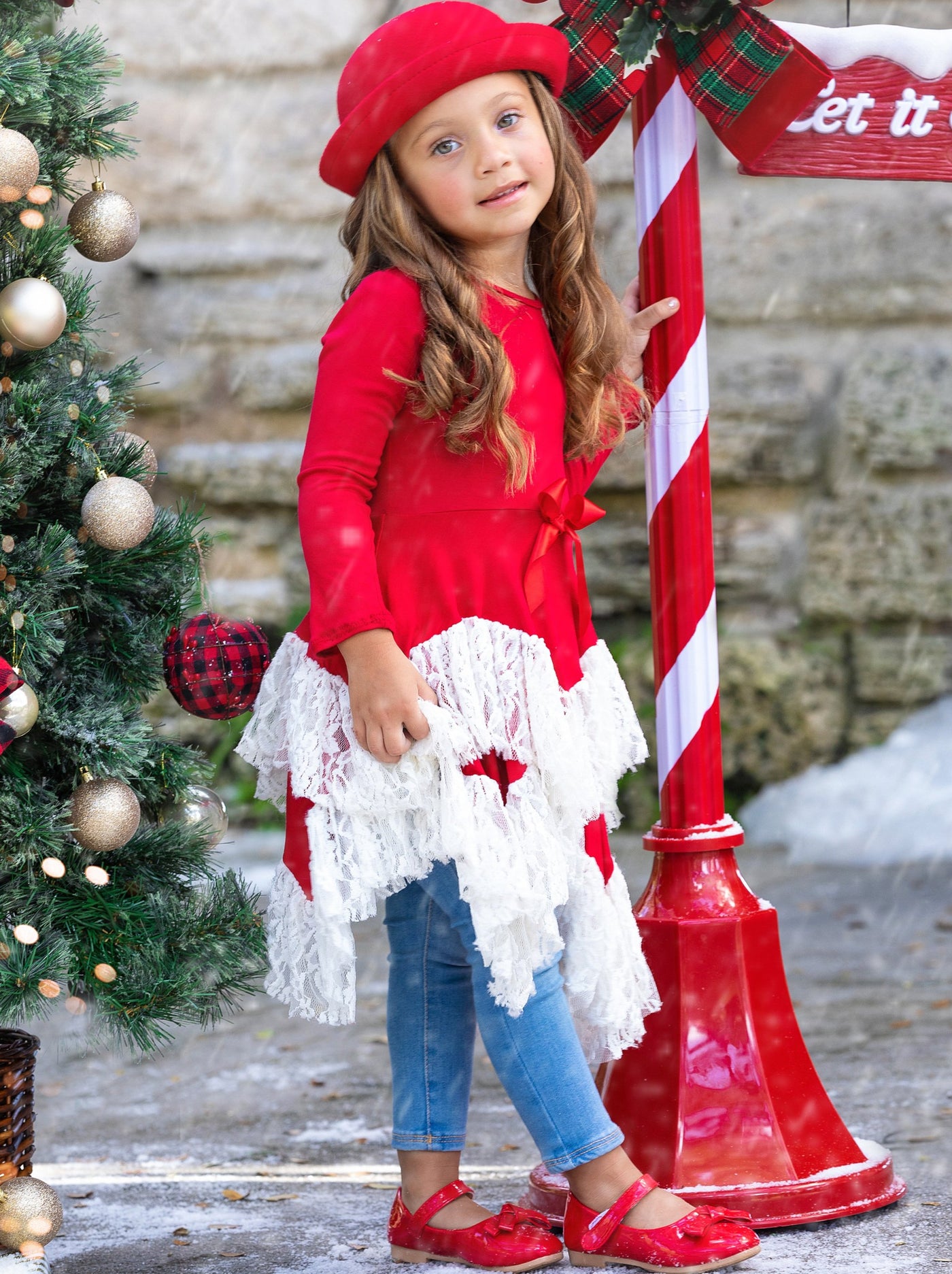 Little girls Fall long-sleeve tunic with handkerchief lace hem skirt and waistline bow applique - Mia Belle Girls