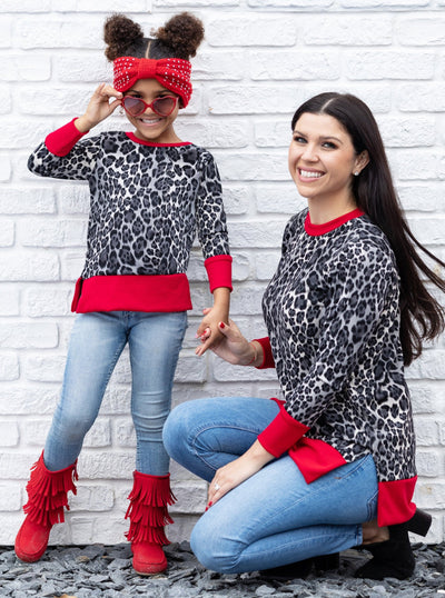 Mommy and Me Matching Tops | Leopard Print Long Sleeve Red Hem Tunic