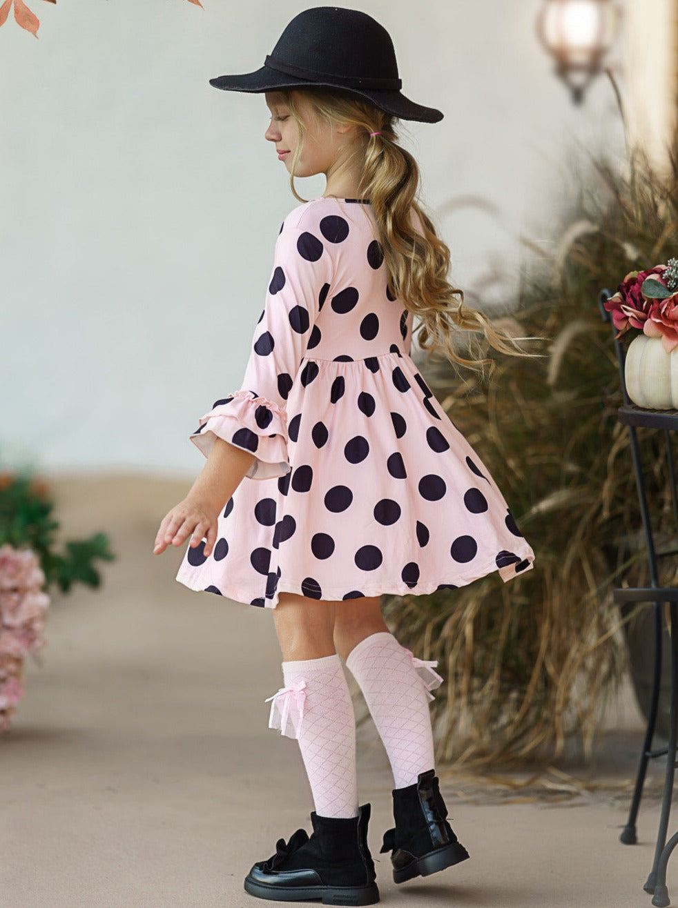 Little Girls Fall Polka Dot A-Line Ruffled Dress - Mia Belle Girls
