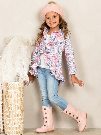 Girls Ruffled Faux Button  Floral Printed Blazer Style Cardigan