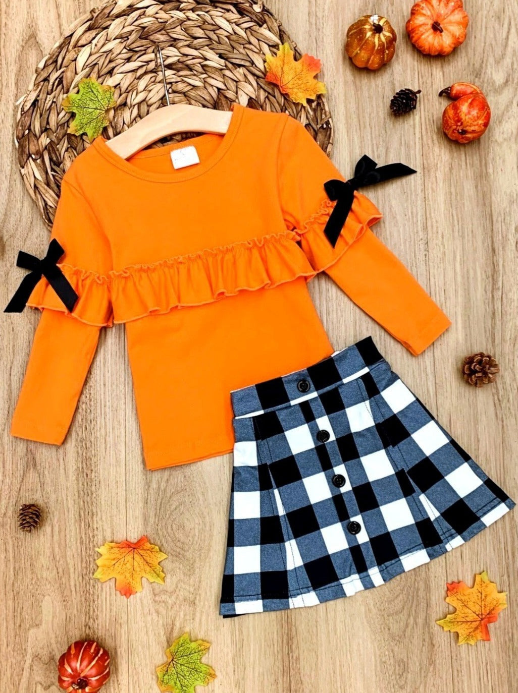 Fall Outfits | Ruffle Top & Plaid Skirt Set | Cute Fall Girls Sets