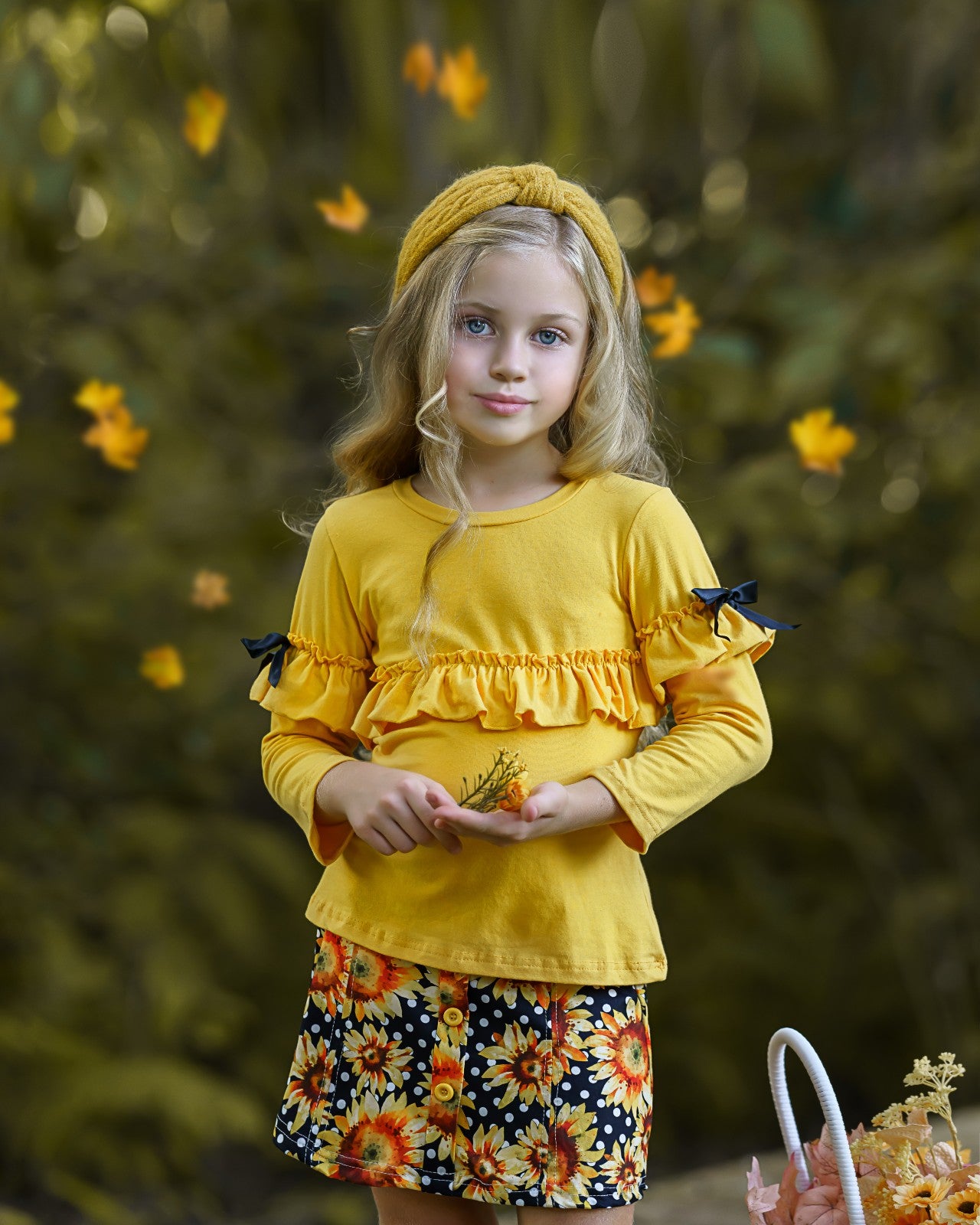 Little girls Fall long-sleeve ruffled top with bow accents and sunflower polka dot print skirt with button applique - Mia Belle Girls