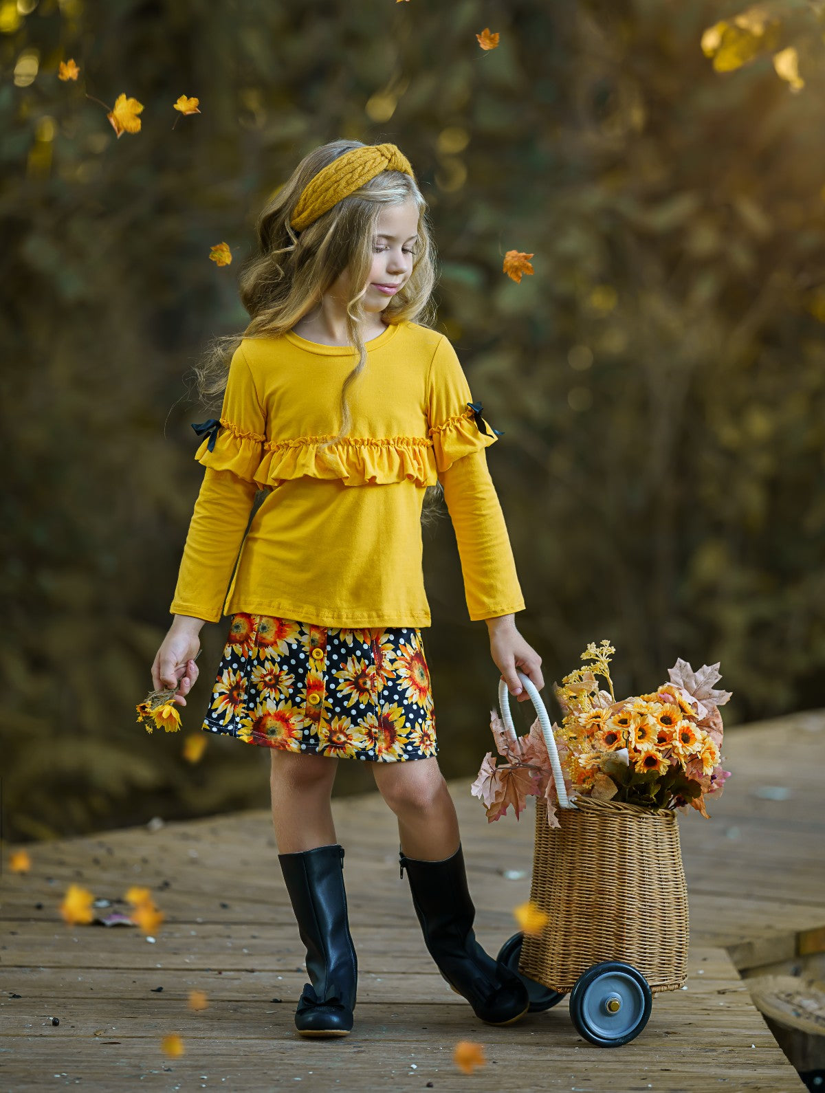 Girls Fall Outfit | Ruffle Top & Sunflower Skirt Set - Mia Belle Girls