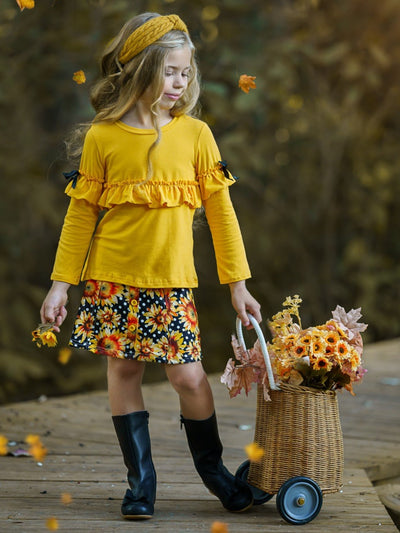 Girls Fall Outfit | Ruffle Top & Sunflower Skirt Set - Mia Belle Girls