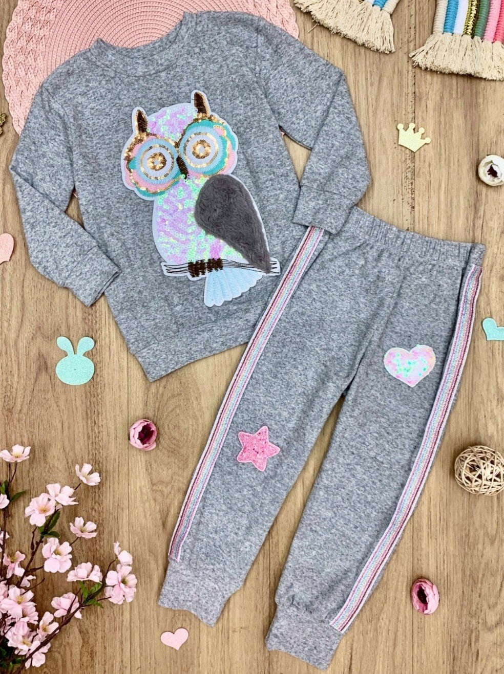 Girls Sequin Plush Owl Applique Sweatshirt and Jogger Set
