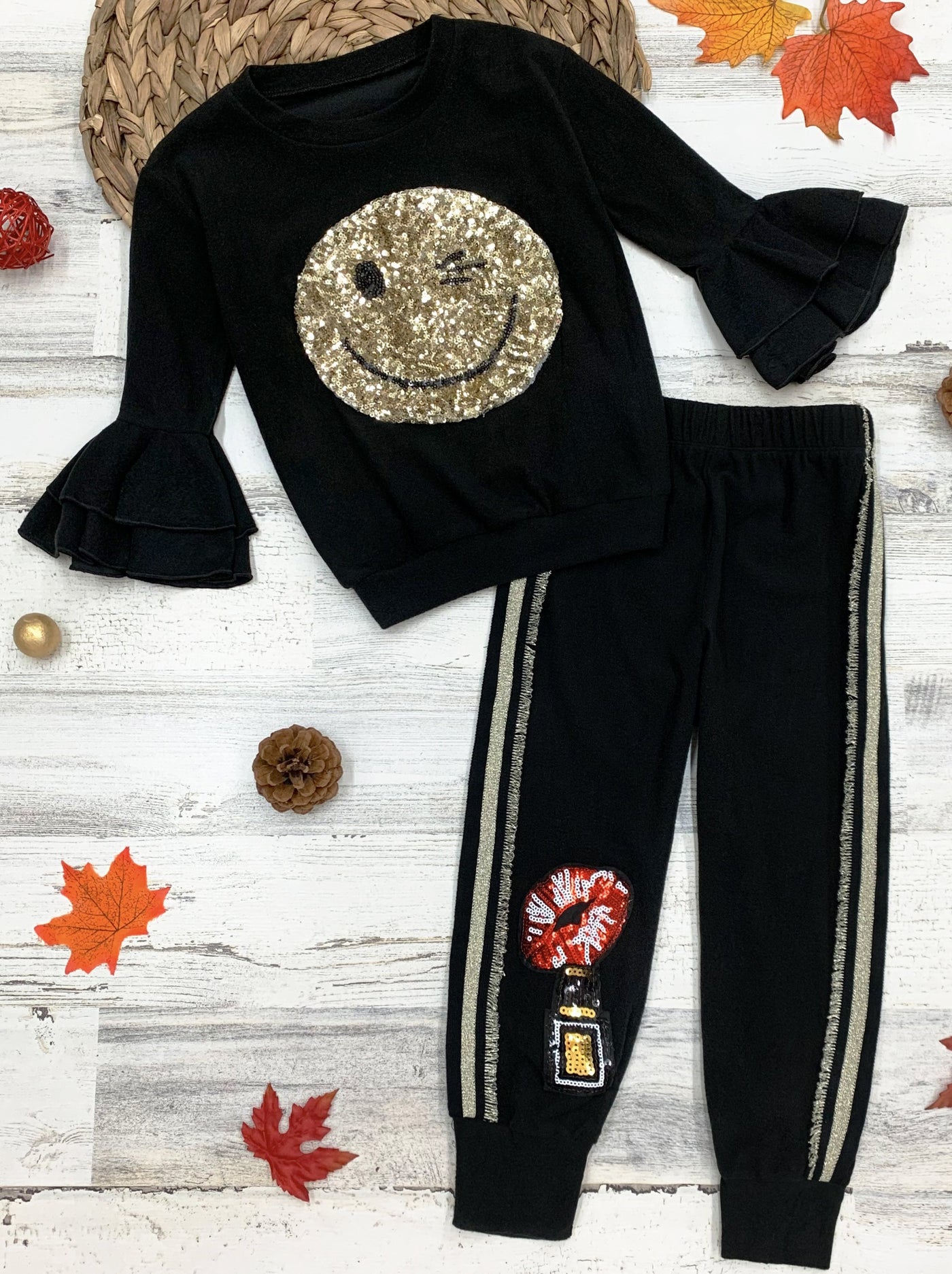 Girls gold Sequin Winky Face Ruffle Sleeve black Pullover Sweatshirt and Jogger Set