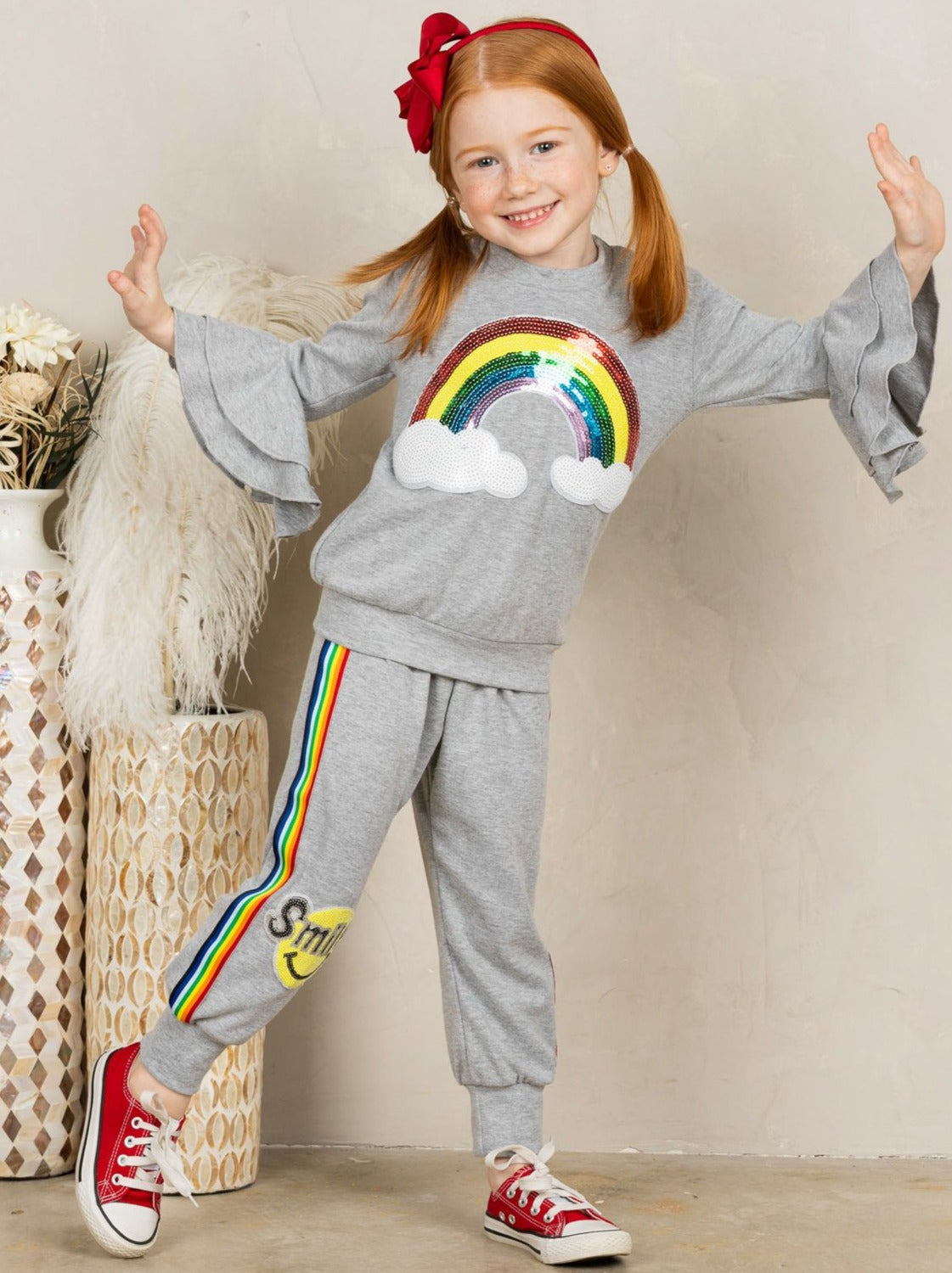 Girls Sequin Rainbow Ruffle Sleeve Pullover Sweatshirt and Jogger Set