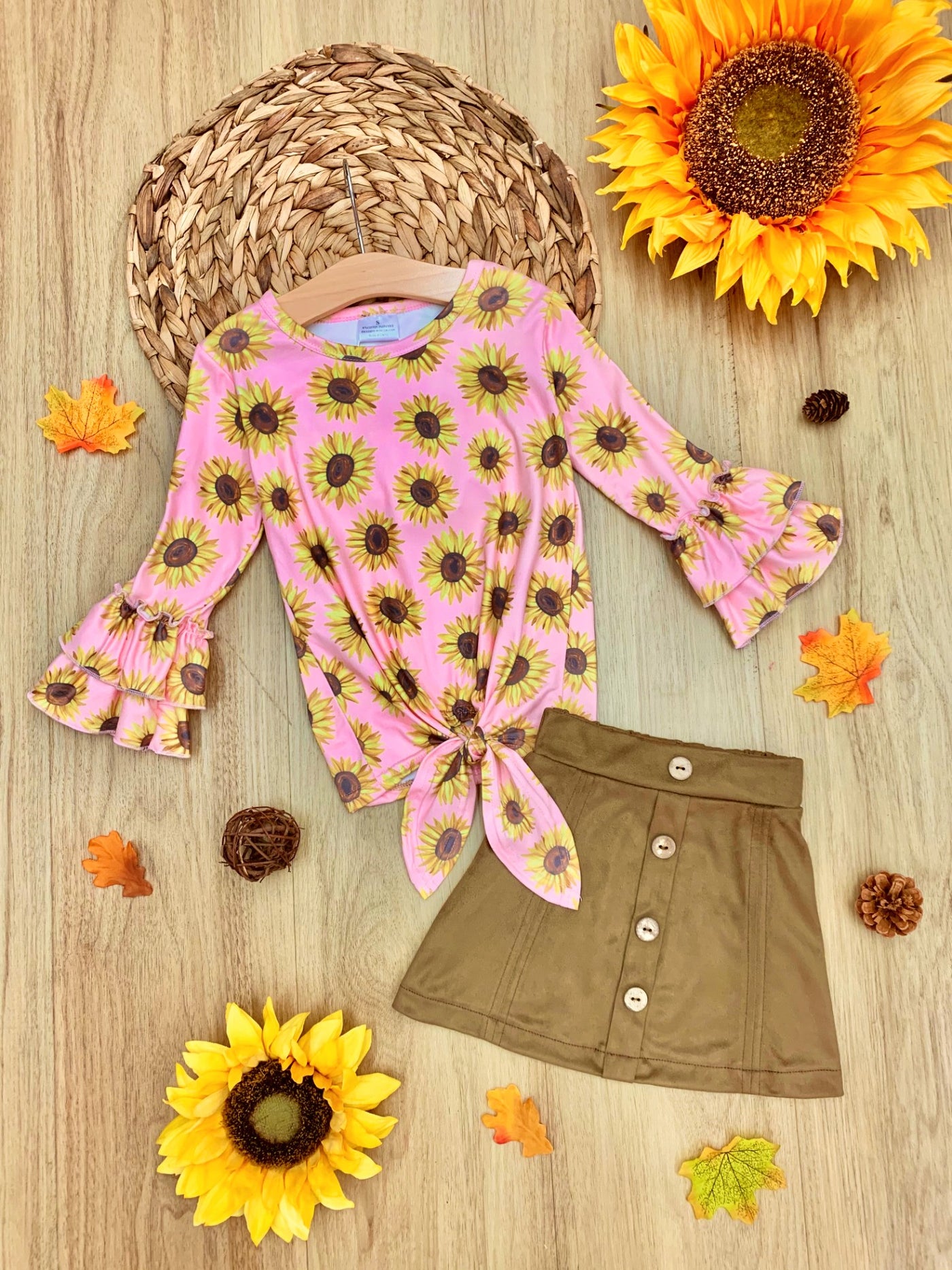 Fall Outfits | Sunflower Knot Hem Top & Velvet Skirt Set | Girls Sets