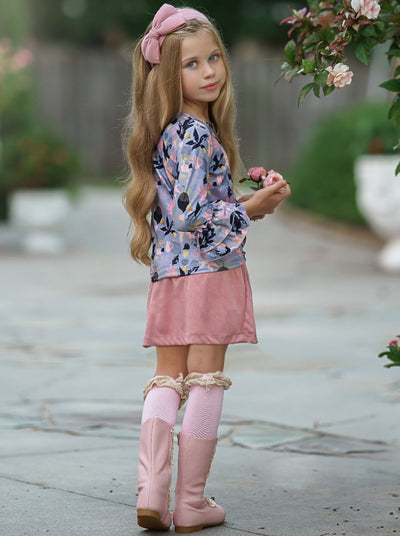 Girls Floral Double Ruffled Sleeve Top & Buttoned Skirt Set pink