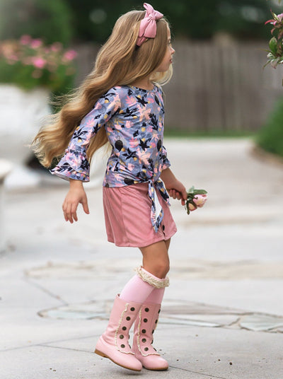 Girls Floral Double Ruffled Sleeve Top & Buttoned Skirt Set pink
