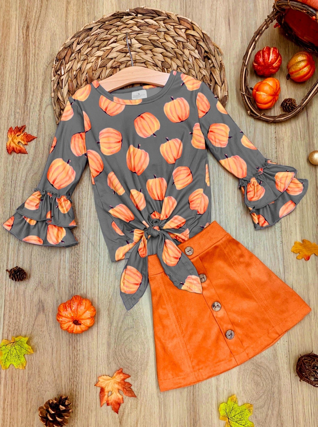 Girls Fall Outfit | Pumpkin Knot Hem Top & Skirt Set - Mia Belle Girls