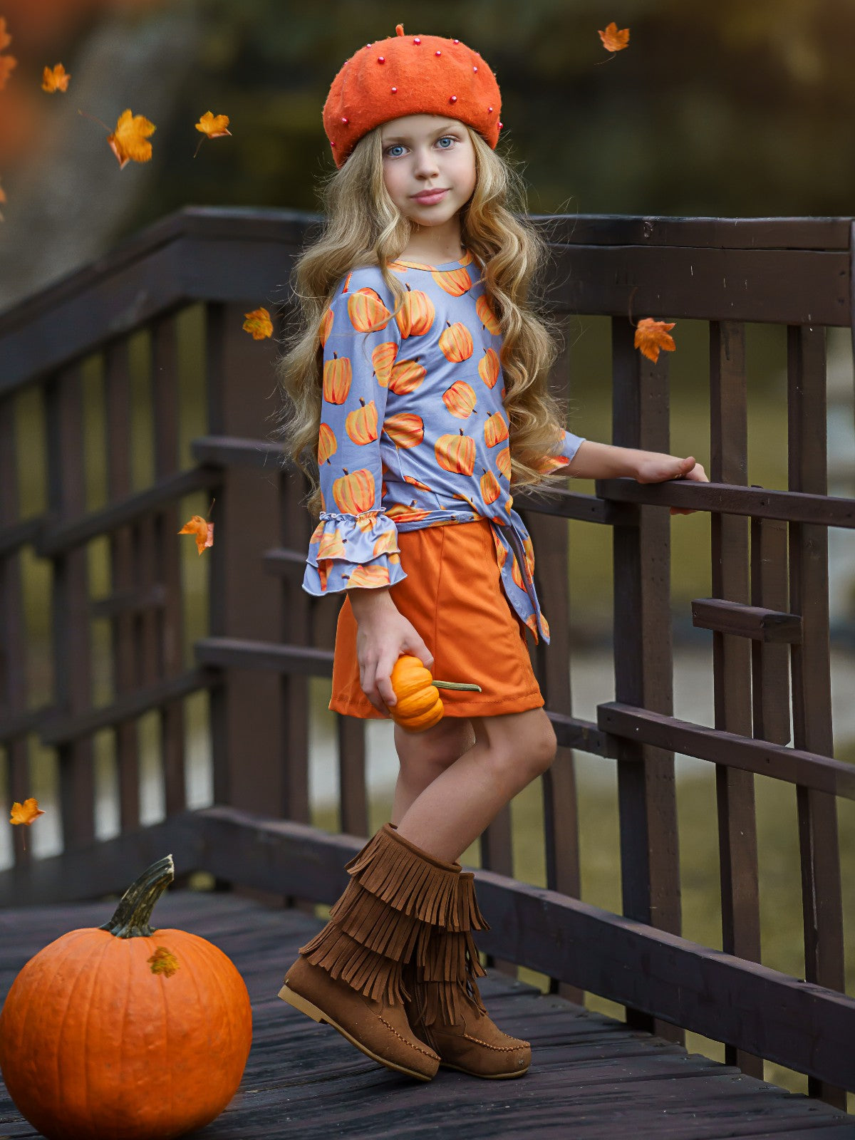 Girls Fall Outfit | Pumpkin Knot Hem Top & Skirt Set - Mia Belle Girls