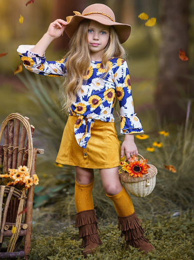 Little girls long-sleeve knot hem top with sunflower/daisy print, double ruffle cuffs, and a faux suede skirt with button applique - Mia Belle Girls