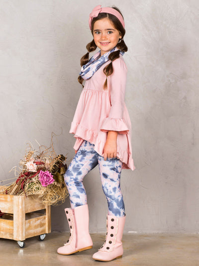 Girls Hi-Lo Ruffled Tunic, Tie Dye Leggings and Scarf Set