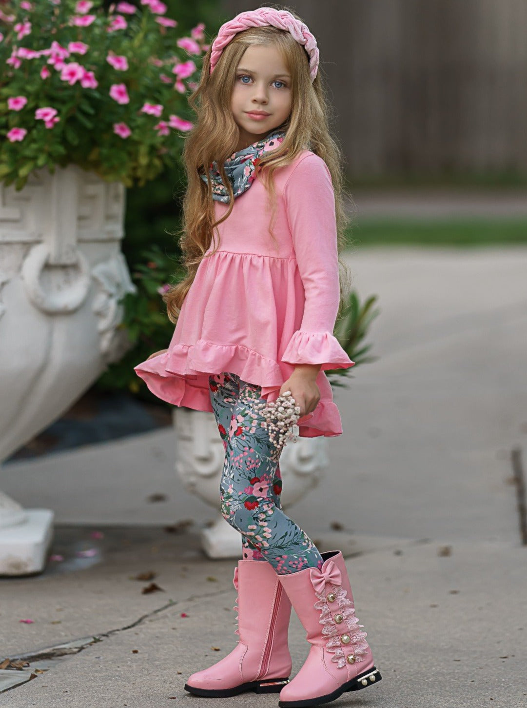 Little girls Fall long-sleeve hi-lo tunic with ruffle hem and cuffs, floral print leggings, and a matching infinity wrap scarf - Mia Belle Girls