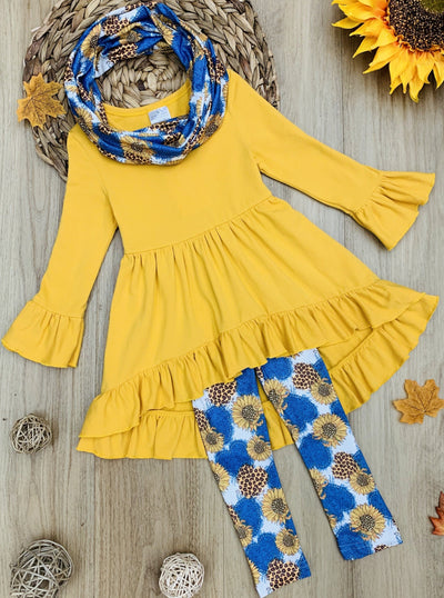 Girls Fall long-sleeve tunic with ruffle cuffs, hi-lo ruffle skirt, heart/leopard/floral print leggings, and a matching infinity wrap scarf  - Mia Belle Girls