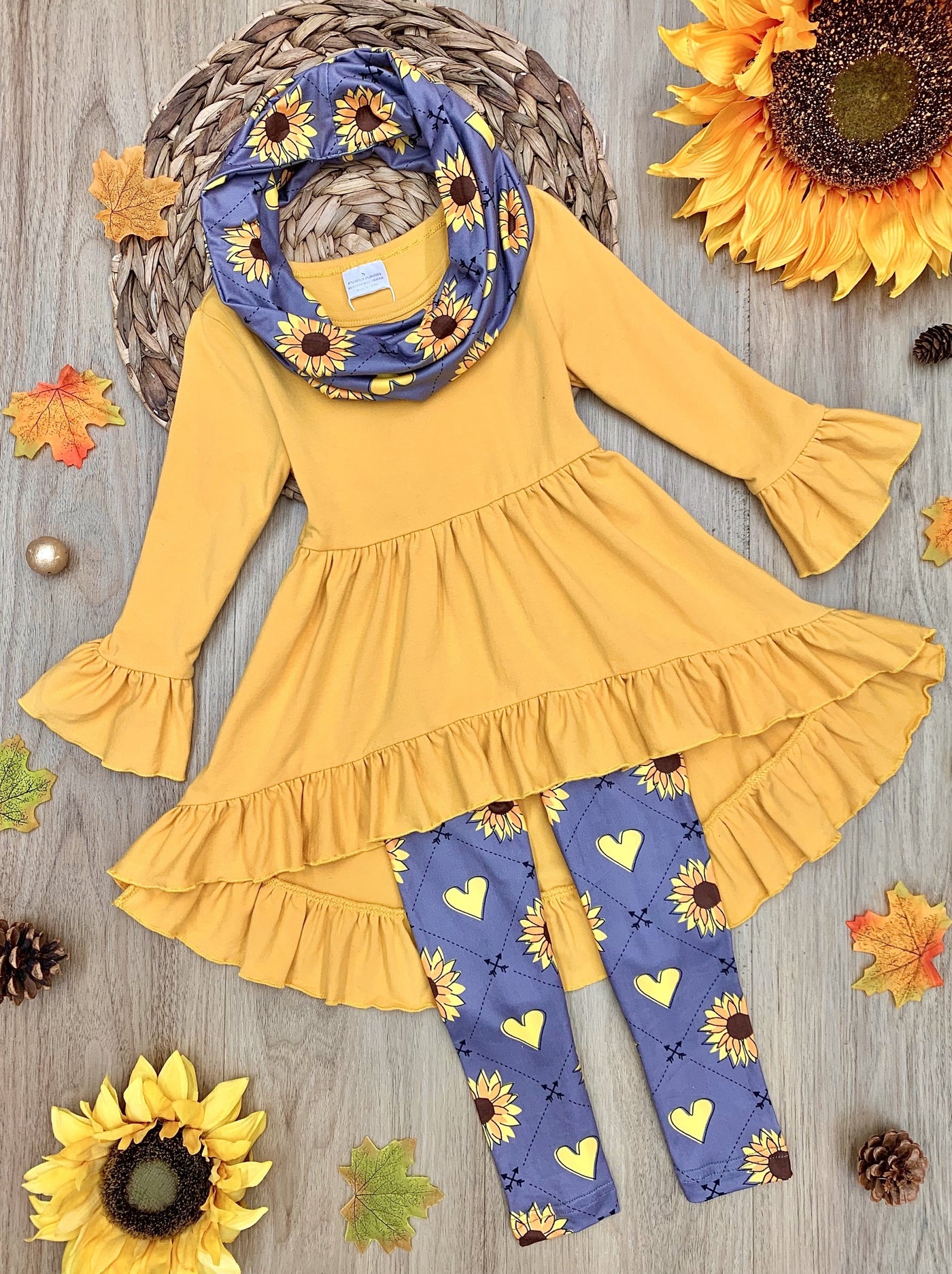 Girls Hi-Lo Ruffled Tunic, Sunflower and Hearts Leggings and Scarf Set - Girls Everyday Fall Clothes