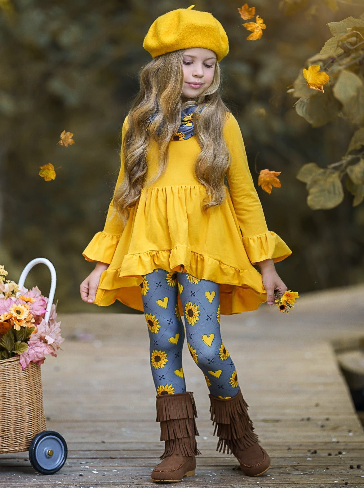 Girls Hi-Lo Ruffled Tunic, Sunflower and Hearts Leggings and Scarf Set - Girls Everyday Fall Clothes