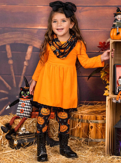 Girls Pom Pom Tunic, Pumpkin Print Leggings and Scarf Set