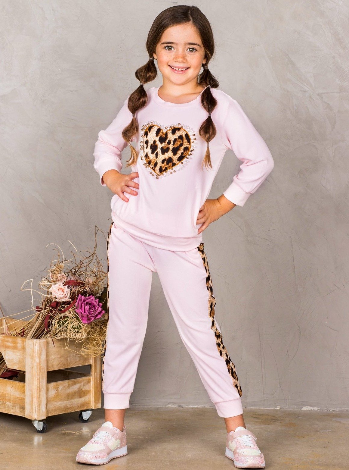 Girls Leopard Pearl Heart Jogger Set | Loungewear - Mia Belle Girls