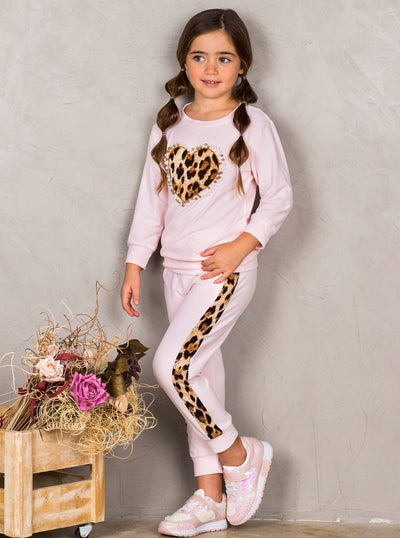 Girls Leopard Pearl Heart Jogger Set | Loungewear - Mia Belle Girls