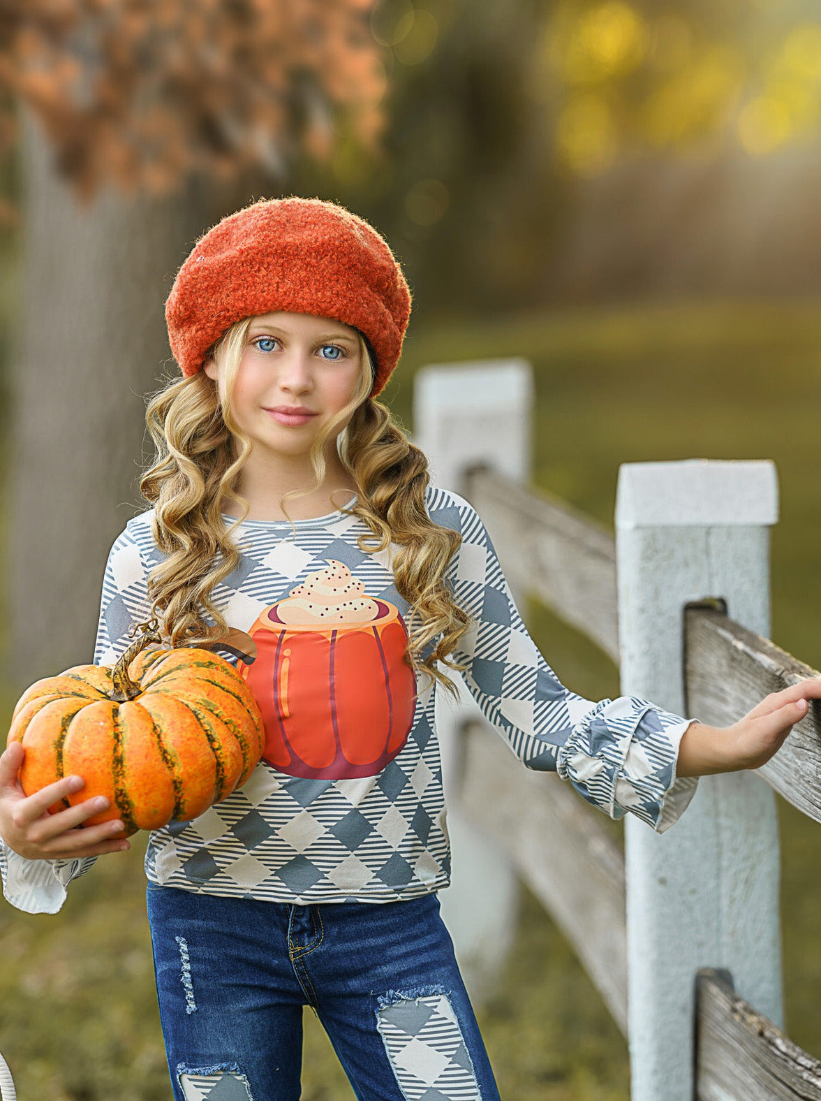 Girls Fall Outfits | Pumpkin Top & Patched Jeans Set - Mia Belle Girls