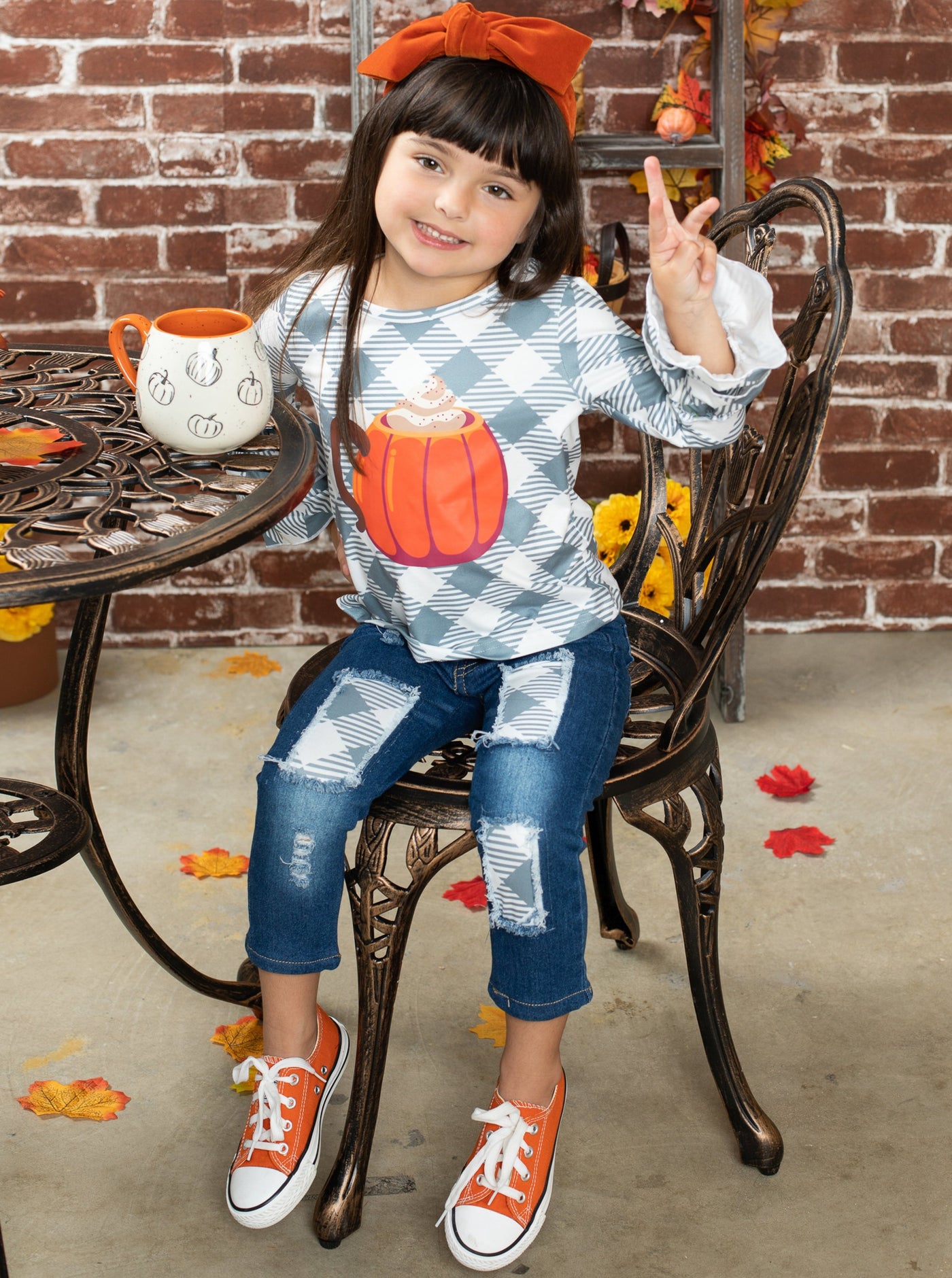 Girls Fall Outfits | Pumpkin Top & Patched Jeans Set - Mia Belle Girls