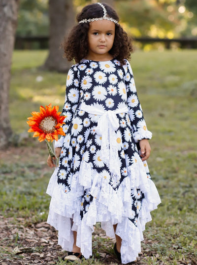 Girls Double Layer Handkerchief Dress with Lace Ruffles