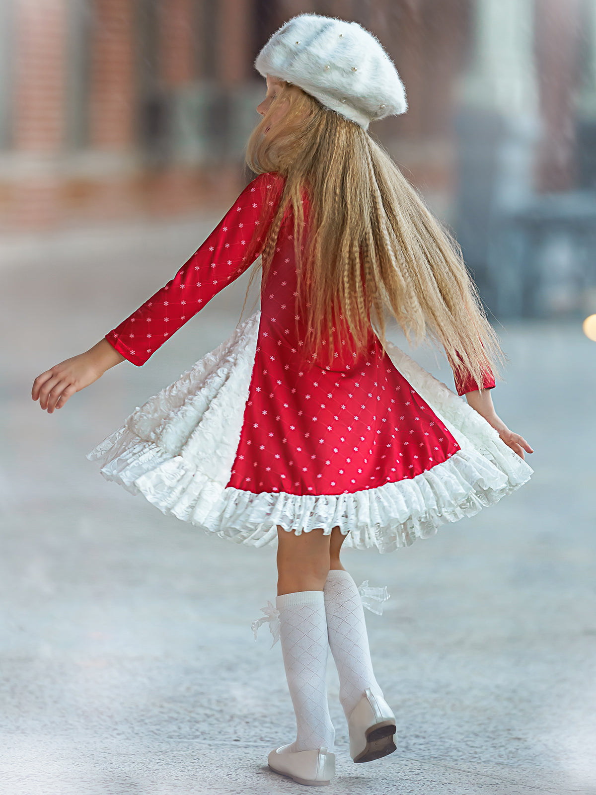 Girls Snowflake Print Long Sleeve Ruffled Rosebud Side Inserts Flare Dress