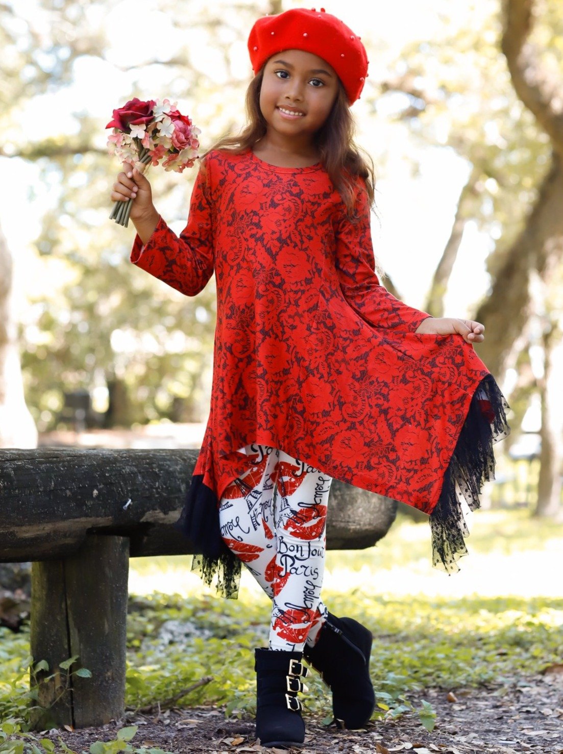 Girls Valentine's Clothes | Side Tail Lace Ruffled Tunic & Legging Set