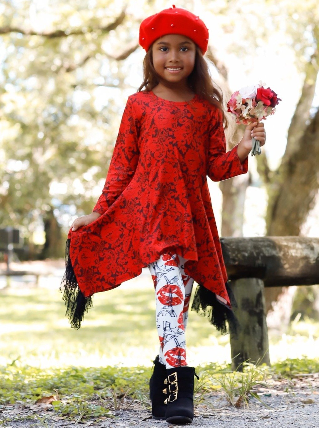 Girls Valentine's Clothes | Side Tail Lace Ruffled Tunic & Legging Set