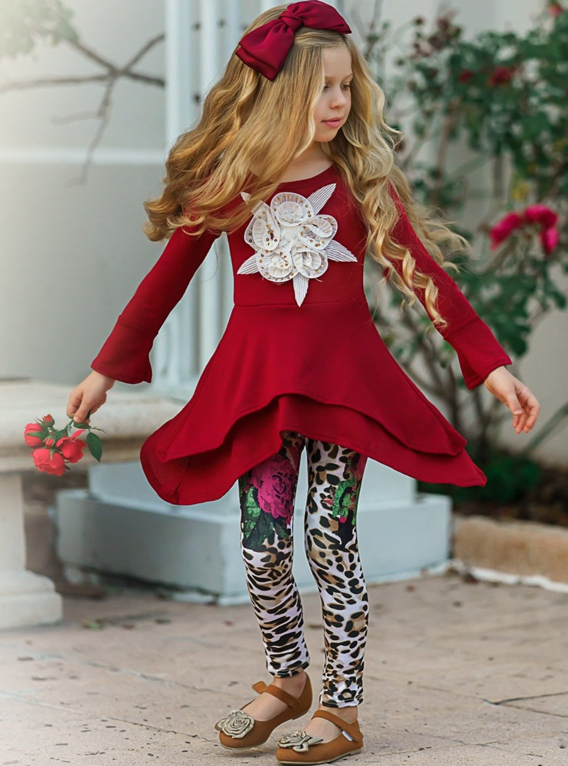 Girls Double Tiered Side Tail Applique Tunic & Printed Leggings Set - Girls Fall Dressy Set