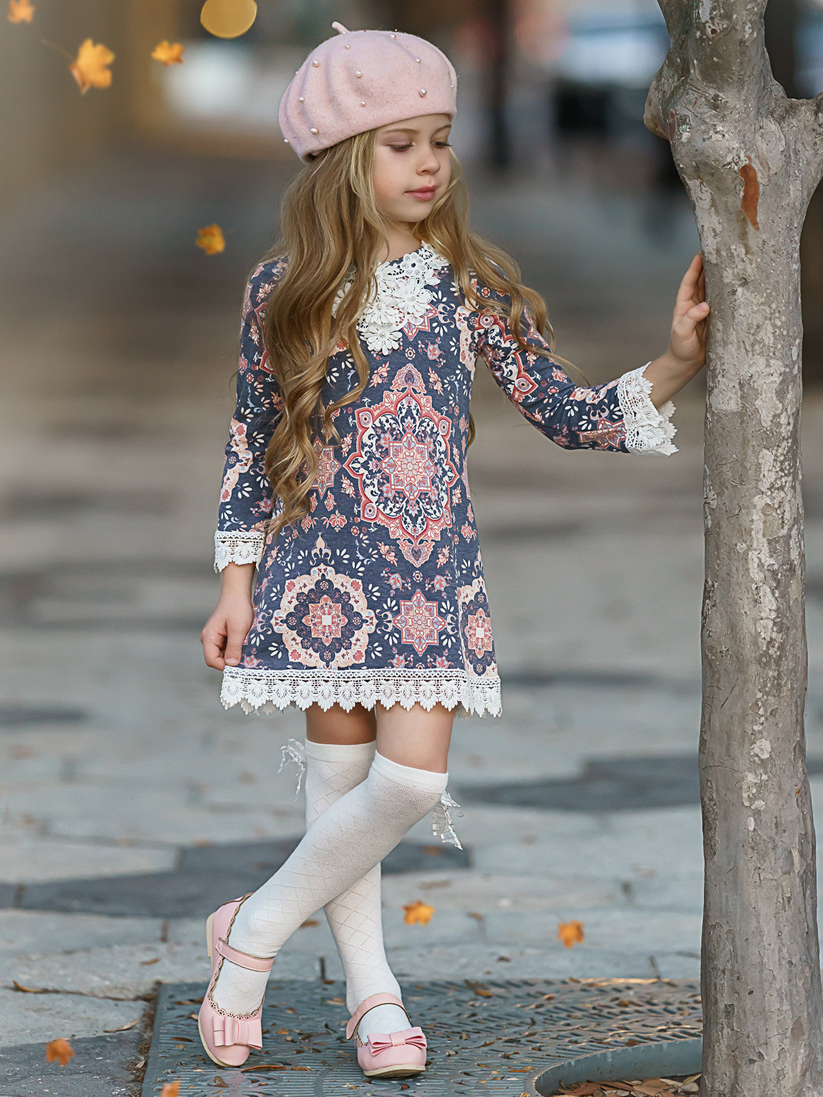 Girls Crochet Bib, Hem And Sleeve Boho Dress