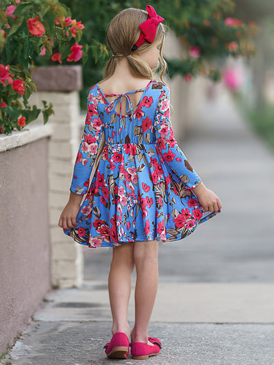 Girls Floral Long Sleeve Scoop Back Dress with Bow