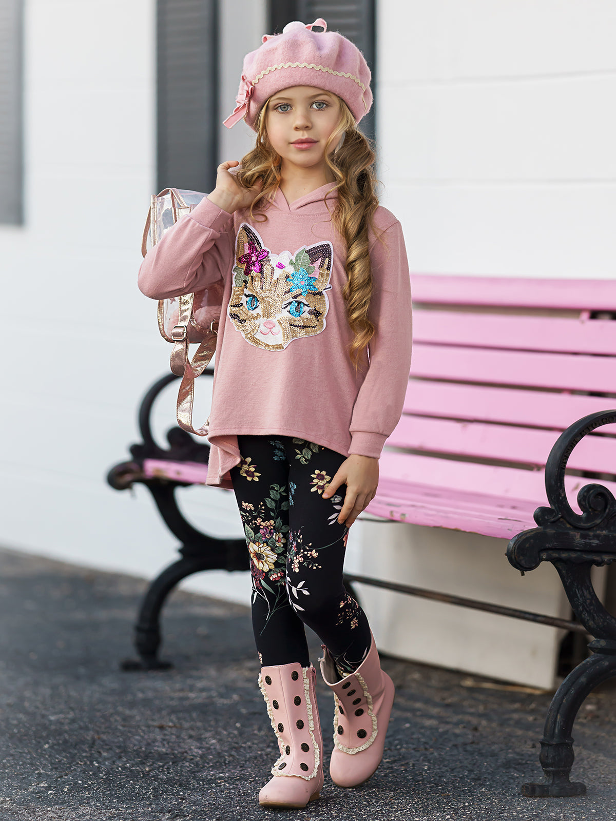 Girls Hi-Lo Sequin Cat Applique Hooded Sweatshirt And Floral Legging Set