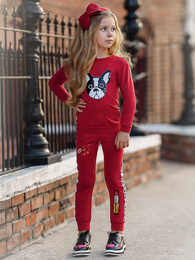 Girls Sequin Puppy Red Sweatshirt And Jogger Set - Mia Belle Girls