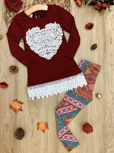 Girls Valentine's Day Outfit | Heart Crochet Hem Tunic & Legging Set