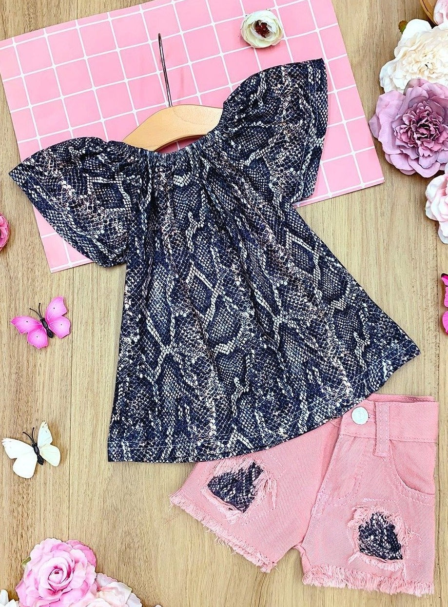 Girls Spring Outfits | Snake Print Top & Patched Denim Shorts Set