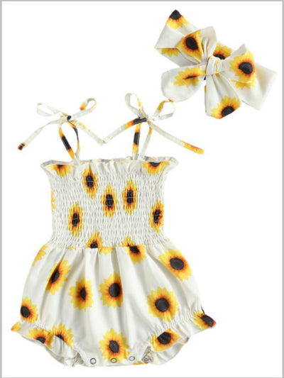 Baby sunflower printed onesie with a stretchy bodice with adjustable shoulder straps with matching headband