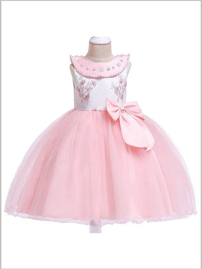 Girls Flower Embroidered Pearl Beaded Round Collar Bow Tulle Dress - Pink / 3T - Girls Spring Dressy Dress