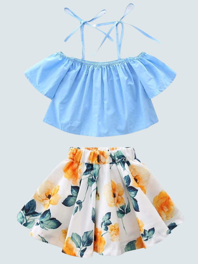 Girls Floral Skirt & Blue of the Shoulder Blouse with Straps - Girls Spring Casual Set