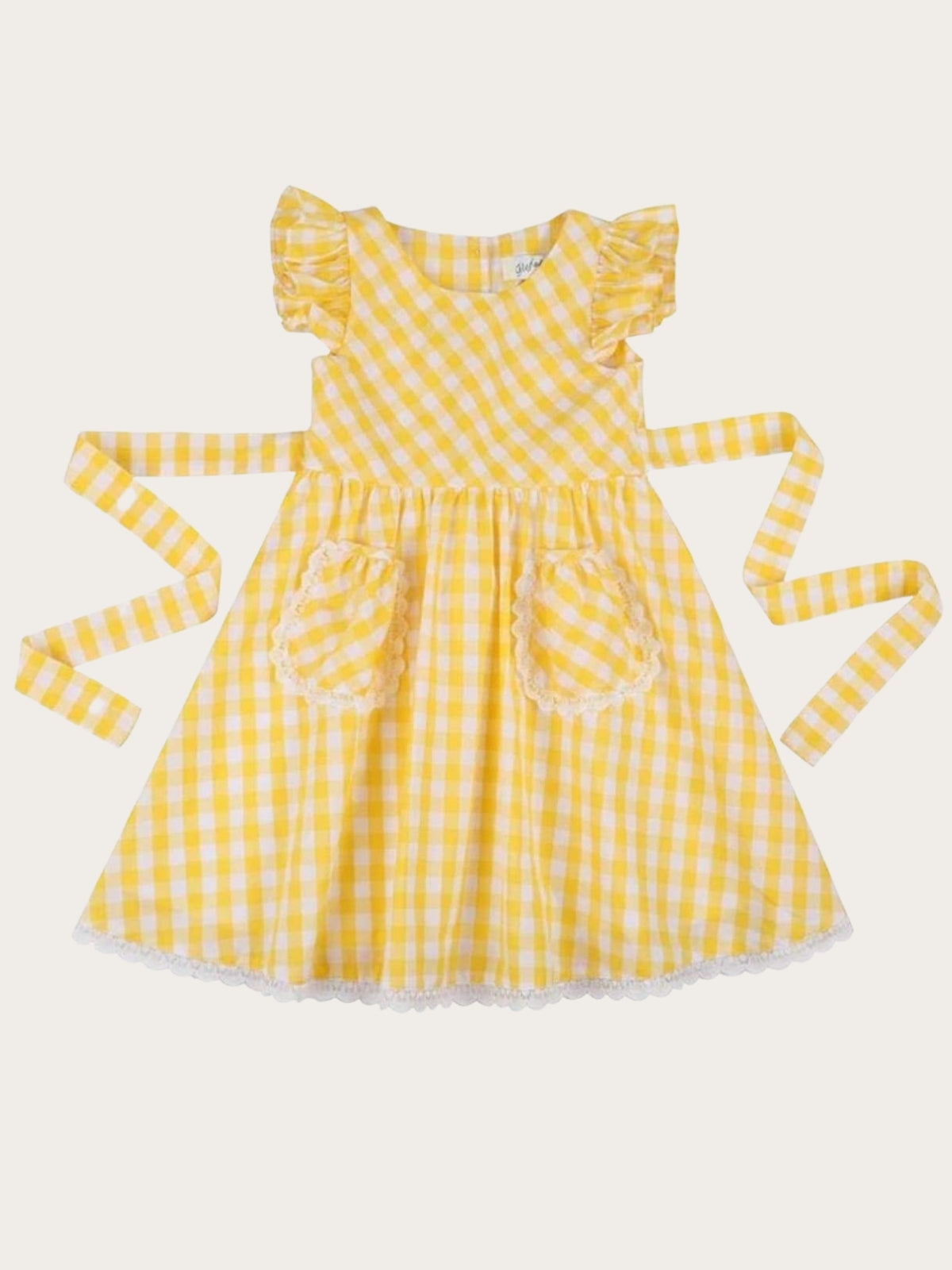 Girls Yellow Gingham Lace Hem Flutter Sleeve with Front Pocket Dress ...