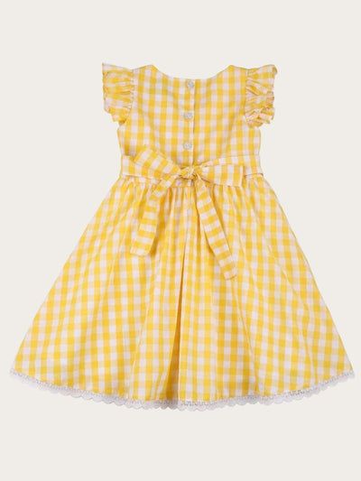 Girls Yellow Gingham Lace Hem Flutter Sleeve with Front Pocket Dress - Yellow / 2T - Girls Spring Casual Dress