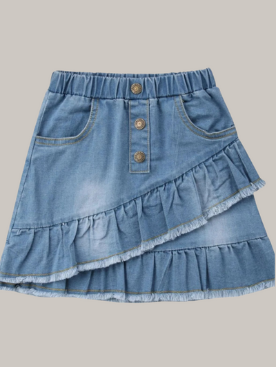Girls Asymmetrical Front Ruffle Frayed Hem Denim Skirt - Girls Skirt